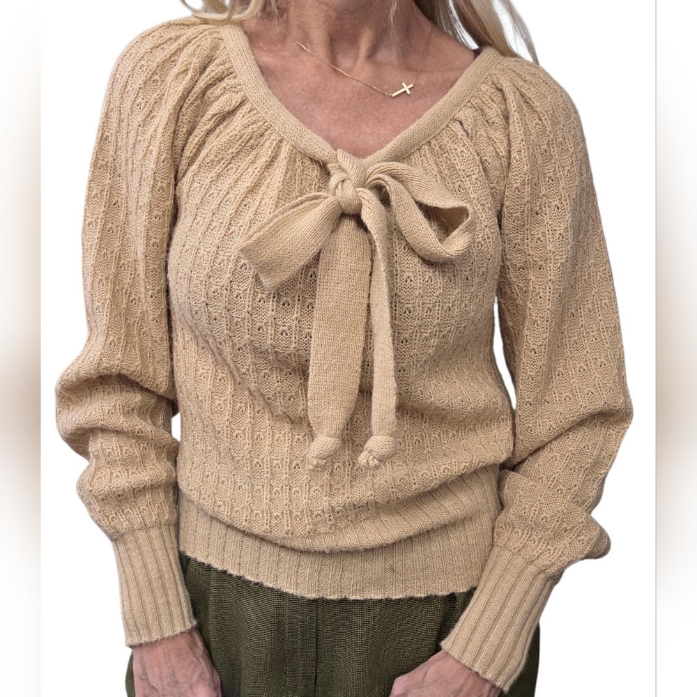 Vintage 1970s Prairie Pointelle Bow Sweater